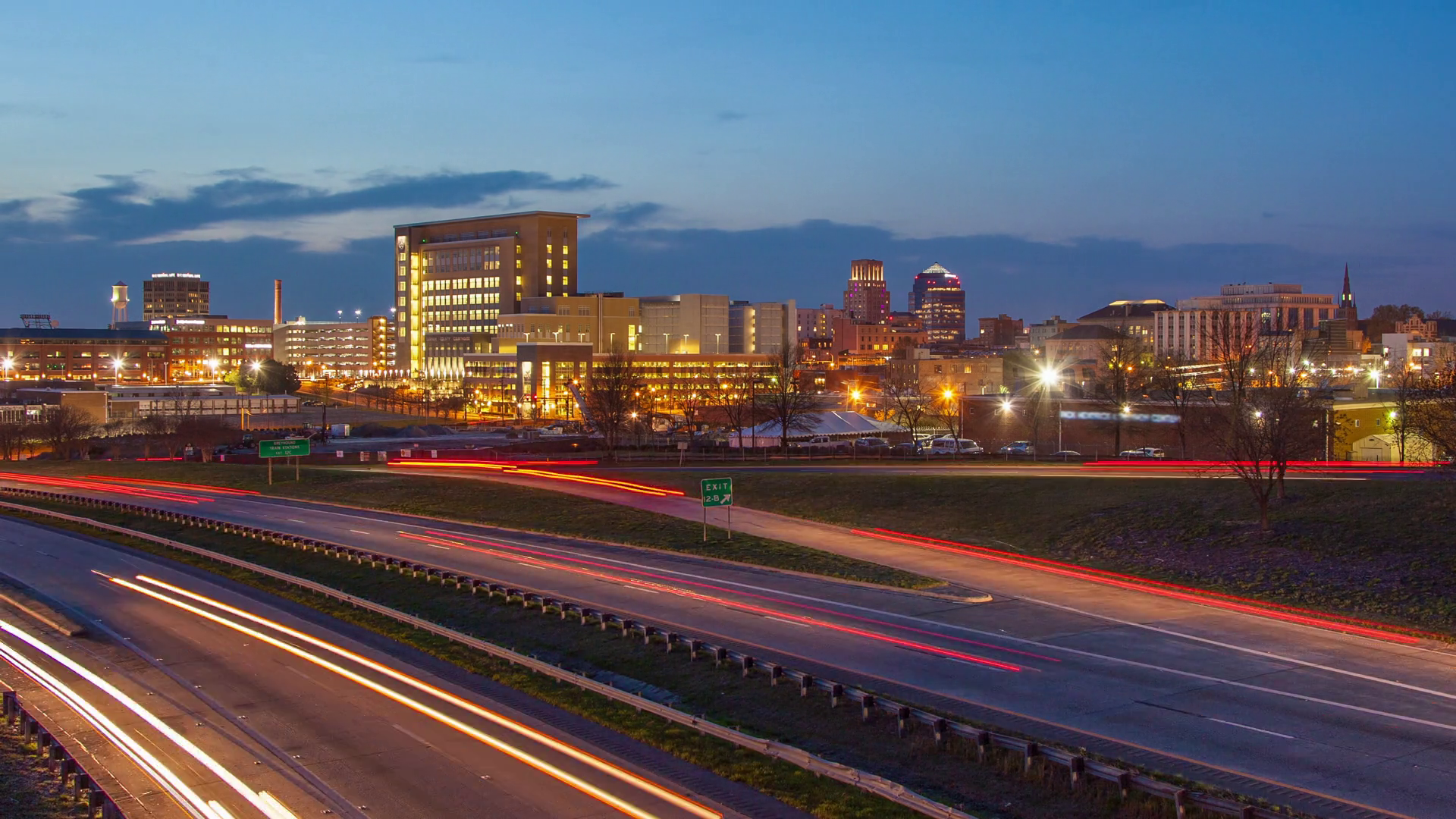 Durham NC City Skyline Timelapse with Fast Moving Interstate Vehicle ...